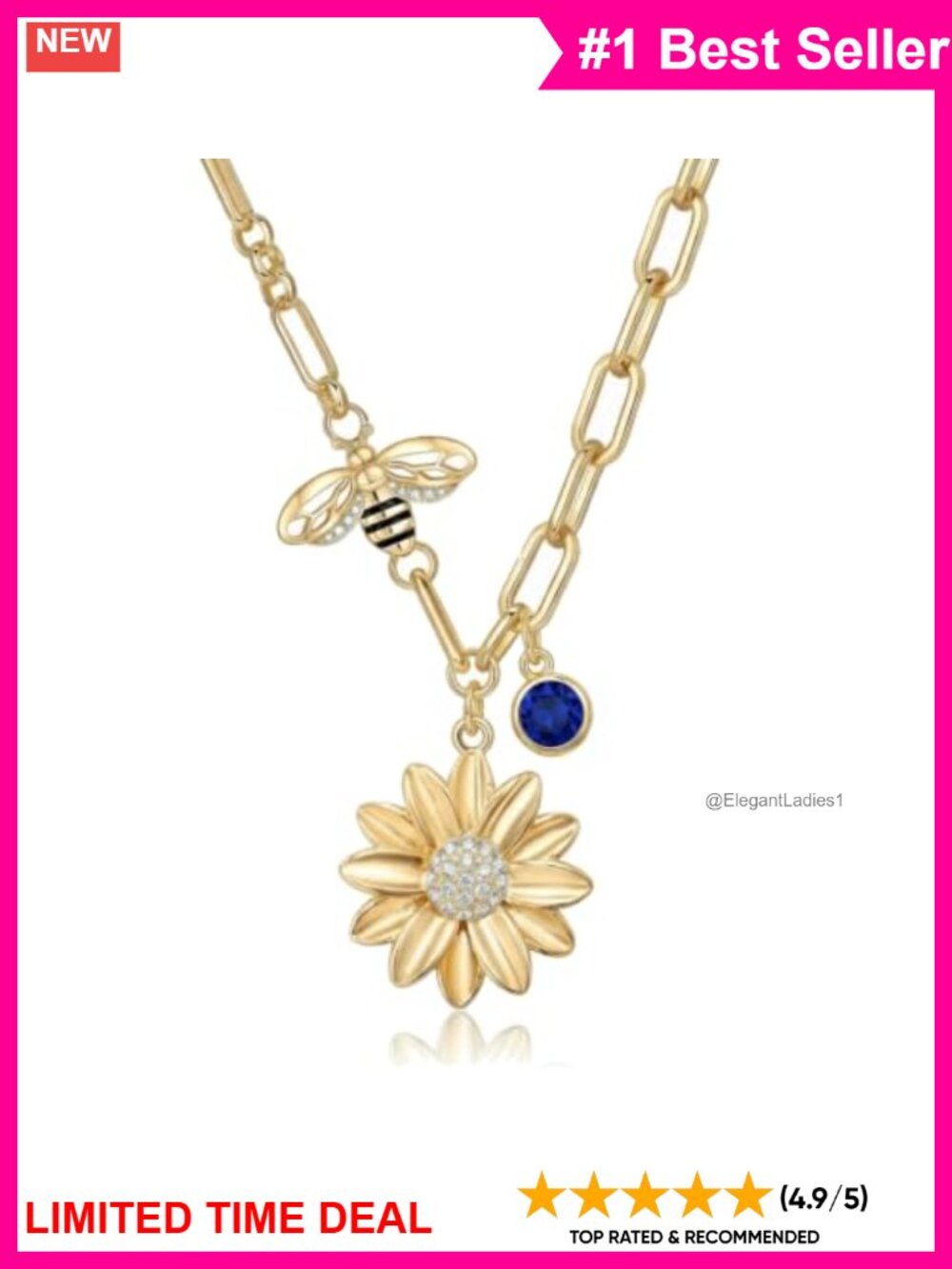 14k Gold Plated Chunky Sunflower Birthstone Pendant Necklace Jewelry Gift